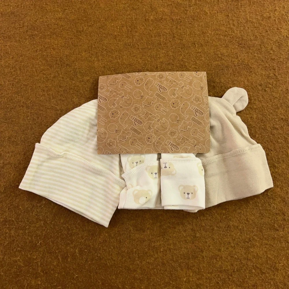 Baby Essentials Unisex Newborn Tan Bear Stripe 6 Piece Cap and Mitten Set NWT